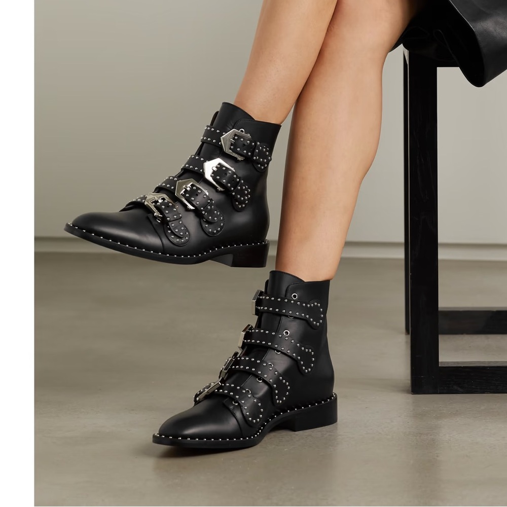 Givenchy Black Leather Studded Buckle Ankle Boots